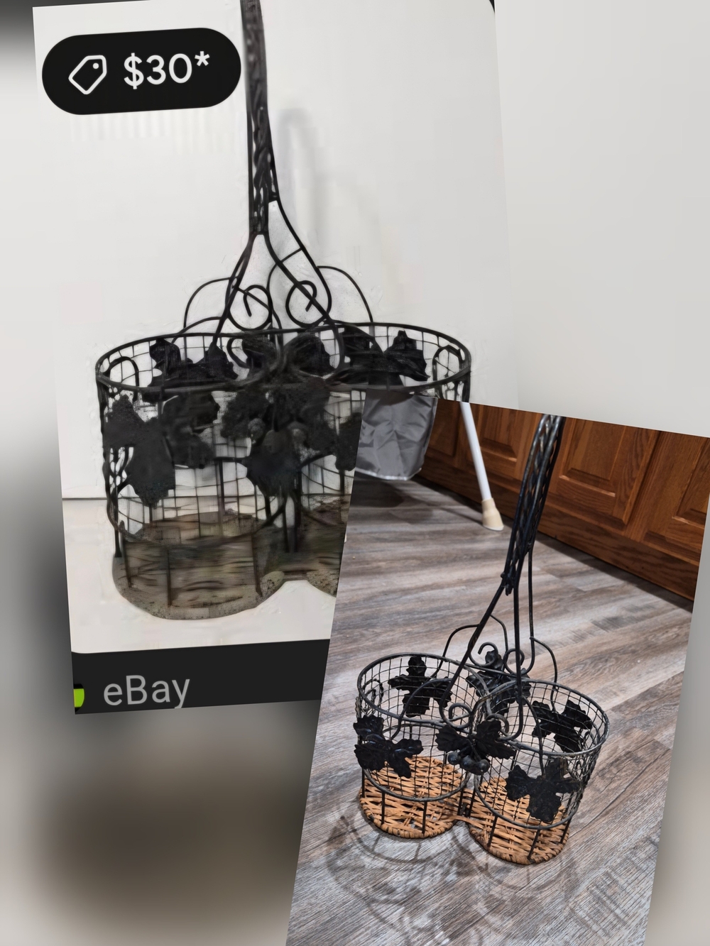 Decorative Black Wrought Iron and Wicker Basket -